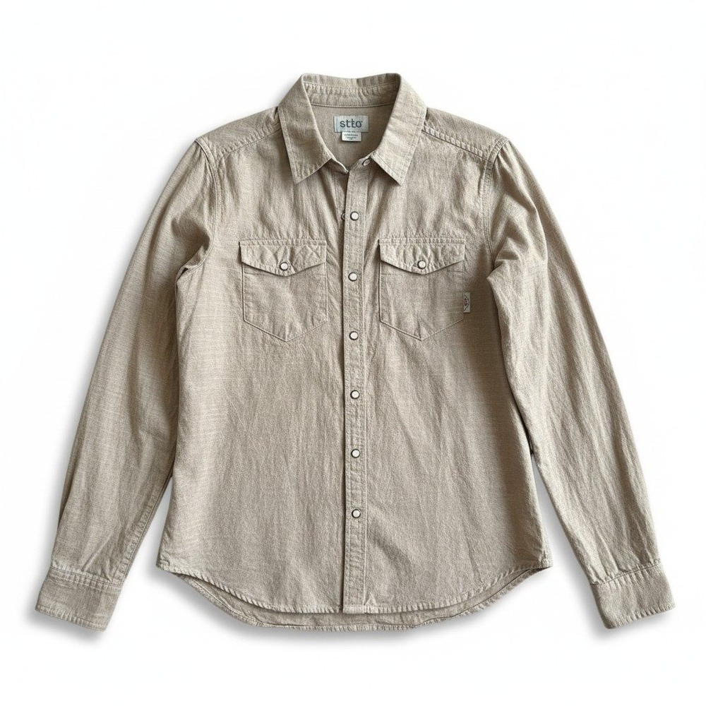Stio Button Down Shirt Medium Tan Pearl Snap Western Cotton Gorpcore